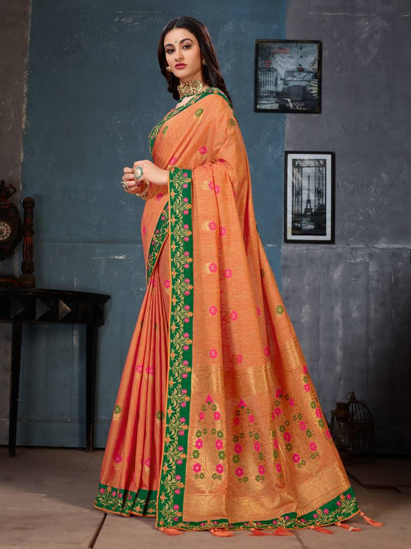 Orange woven cotton silk saree with blouse