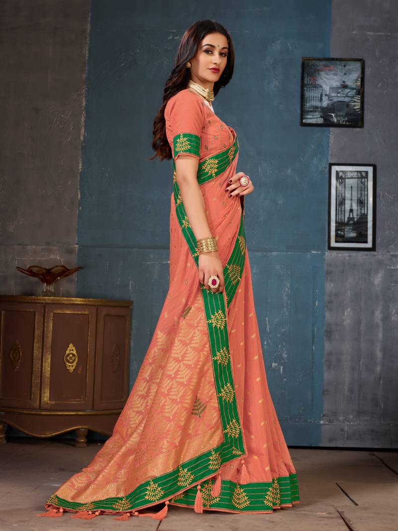 Peach woven cotton silk saree with blouse
