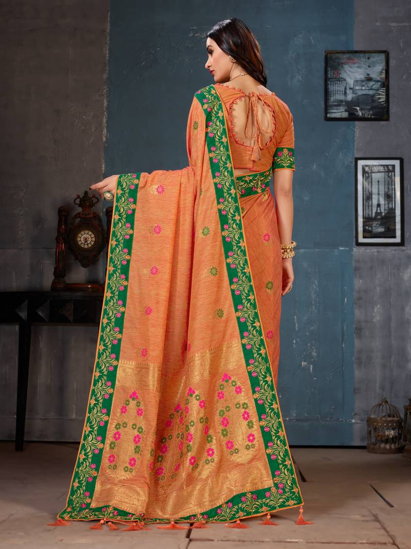 Orange woven cotton silk saree with blouse