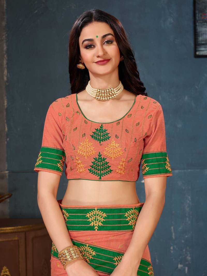 Peach woven cotton silk saree with blouse