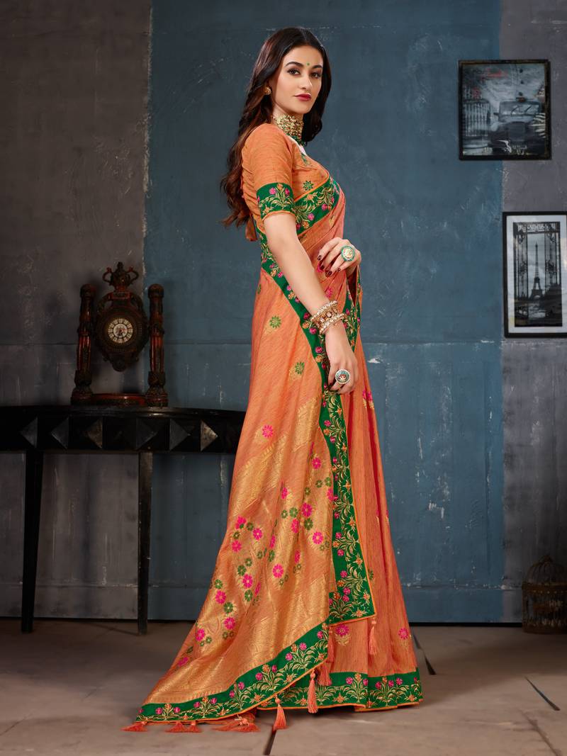 Orange woven cotton silk saree with blouse