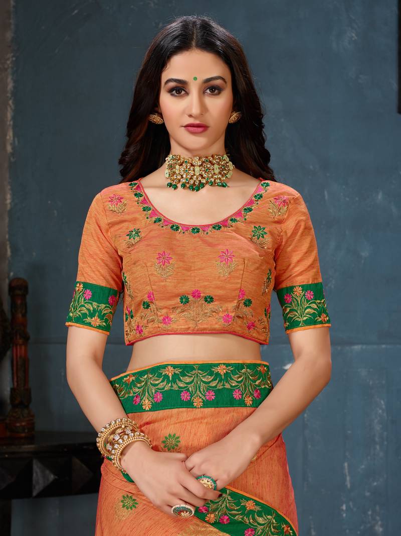 Orange woven cotton silk saree with blouse