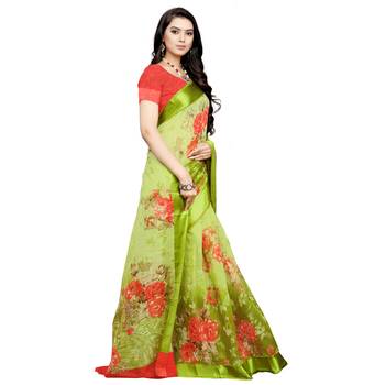 Green printed bhagalpuri cotton saree with blouse 1
