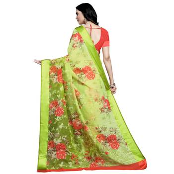 Green printed bhagalpuri cotton saree with blouse 2