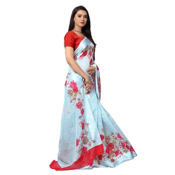 Blue printed bhagalpuri cotton saree with blouse 4