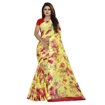 Yellow printed bhagalpuri cotton saree with blouse 1
