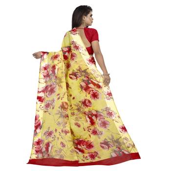 Yellow printed bhagalpuri cotton saree with blouse 2