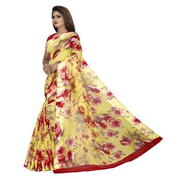 Yellow printed bhagalpuri cotton saree with blouse 3