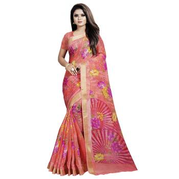 Pink printed bhagalpuri cotton saree with blouse 1