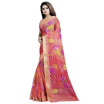 Pink printed bhagalpuri cotton saree with blouse 3