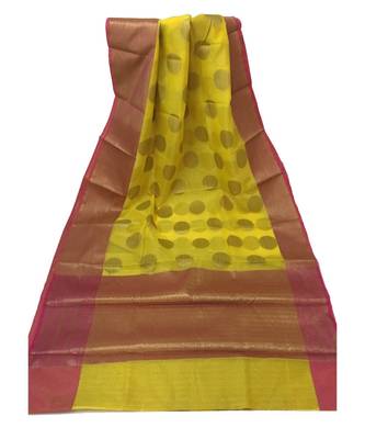 Yellow Banarasi Cot Silk saree with blouse with zari saree with blouse 1