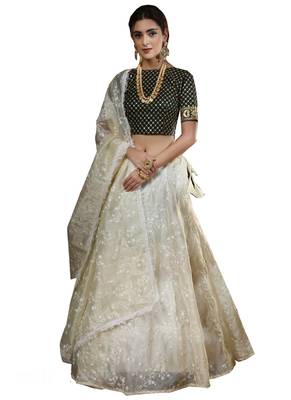 Off-White Embroidered
 Organza Unstitched Lehenga 1