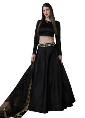 Black Embroidered
 Satin Unstitched Lehenga 1