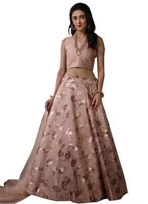 Peach Embroidered
 Silk Unstitched Lehenga 1