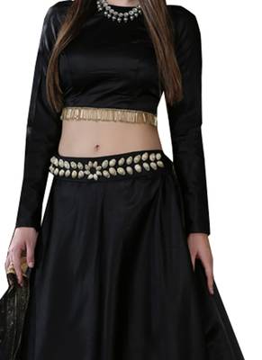 Black Embroidered
 Satin Unstitched Lehenga 2