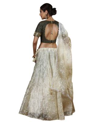 Off-White Embroidered
 Organza Unstitched Lehenga 2