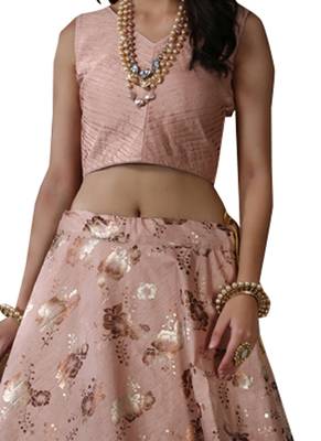Peach Embroidered
 Silk Unstitched Lehenga 2