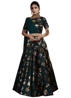 Green Embroidered
 Silk Unstitched Lehenga 1