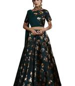Green Embroidered
 Silk Unstitched Lehenga
