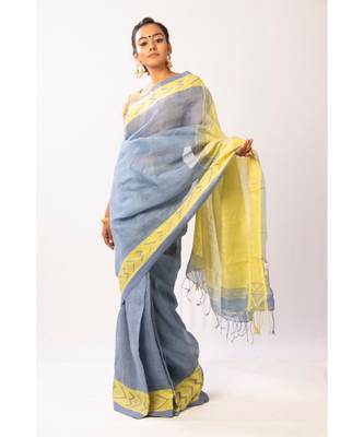 Blue Bengal Linen Jamdaani saree with blouse 1