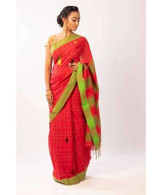 Red Bengal Cotton Jamdaani saree with blouse 1