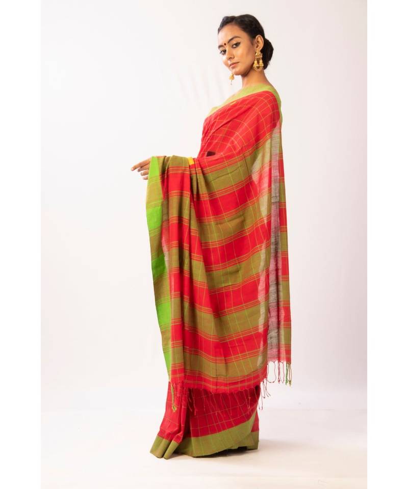 Red Bengal Cotton Jamdaani saree with blouse