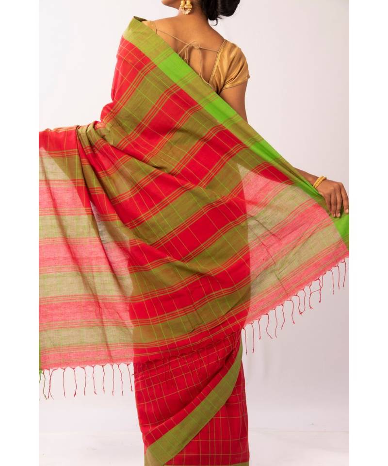 Red Bengal Cotton Jamdaani saree with blouse