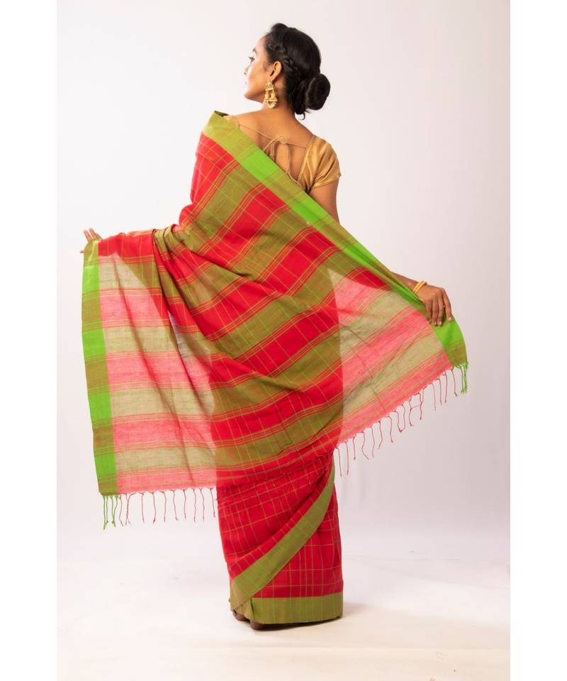 Red Bengal Cotton Jamdaani saree with blouse