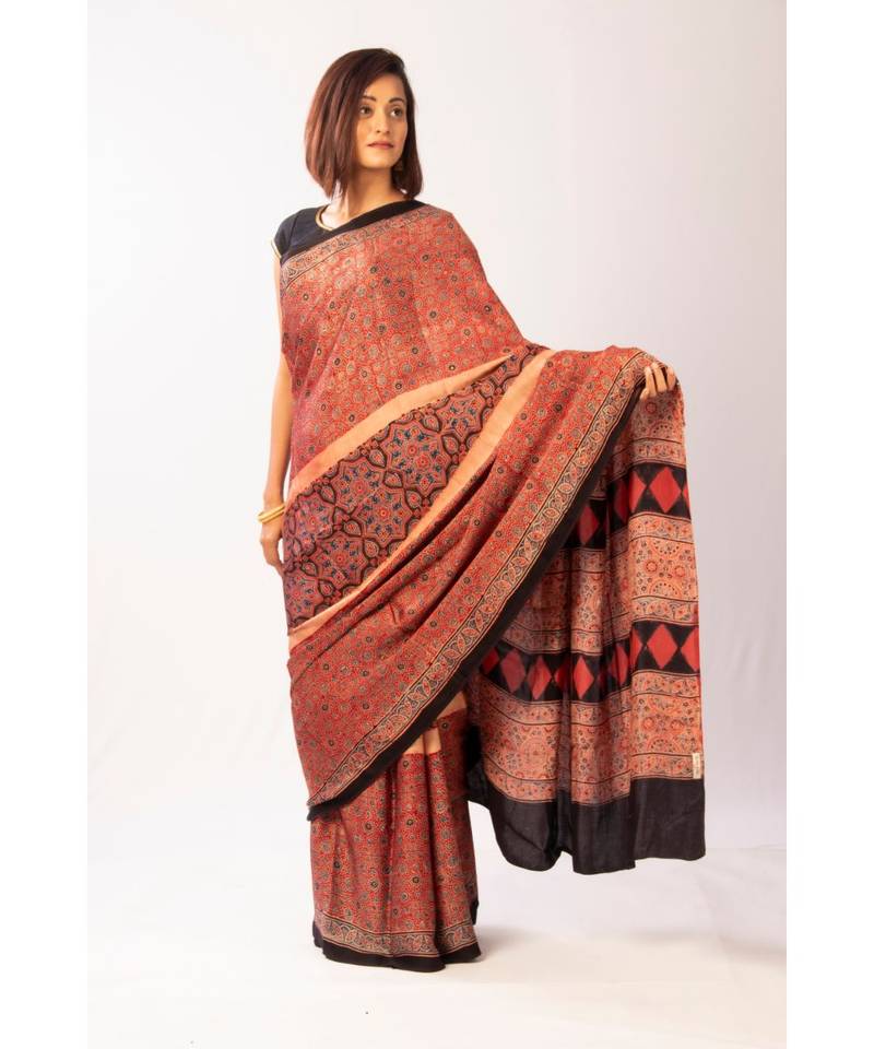 Brown Modal Ajrakh Printed saree with blouse