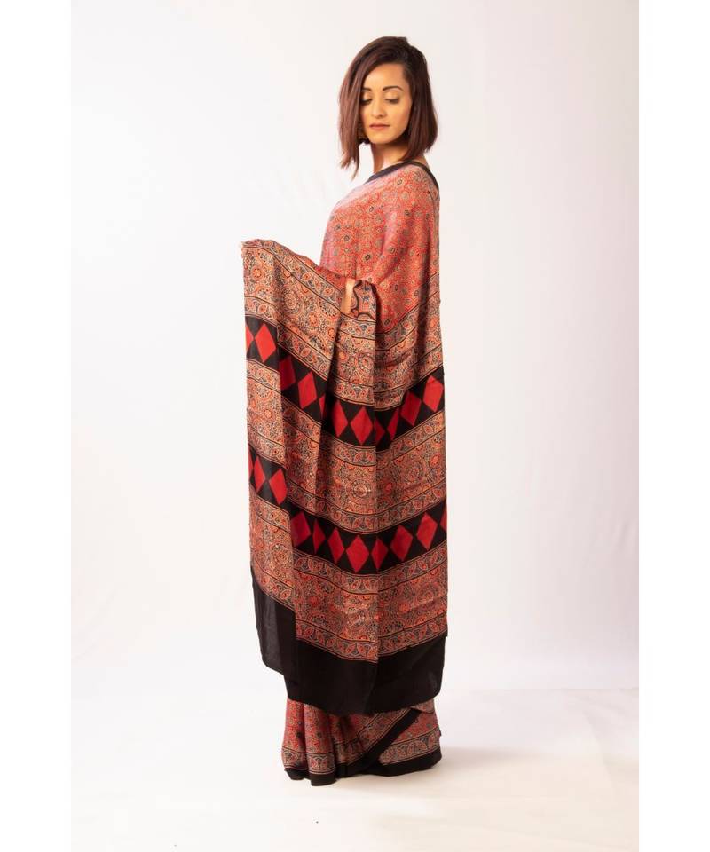 Brown Modal Ajrakh Printed saree with blouse