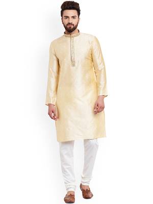 White Mens Jacquard Silk Kurta Pyjama 1