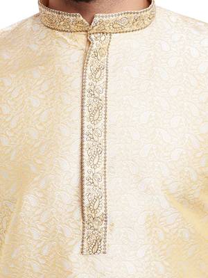 White Mens Jacquard Silk Kurta Pyjama 4