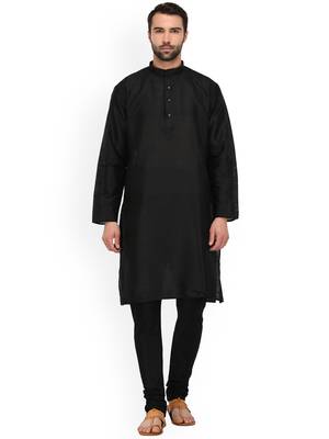 Black Mens Solid Silk Kurta Pyjama 1