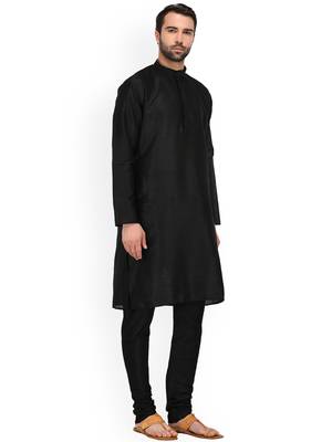 Black Mens Solid Silk Kurta Pyjama 3