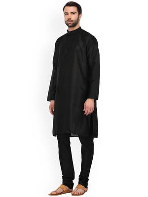 Black Mens Solid Silk Kurta Pyjama 5