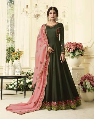 Mehendi Embroidered Silk blend semi stitched Salwar With Dupatta 1