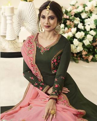 Mehendi Embroidered Silk blend semi stitched Salwar With Dupatta 3