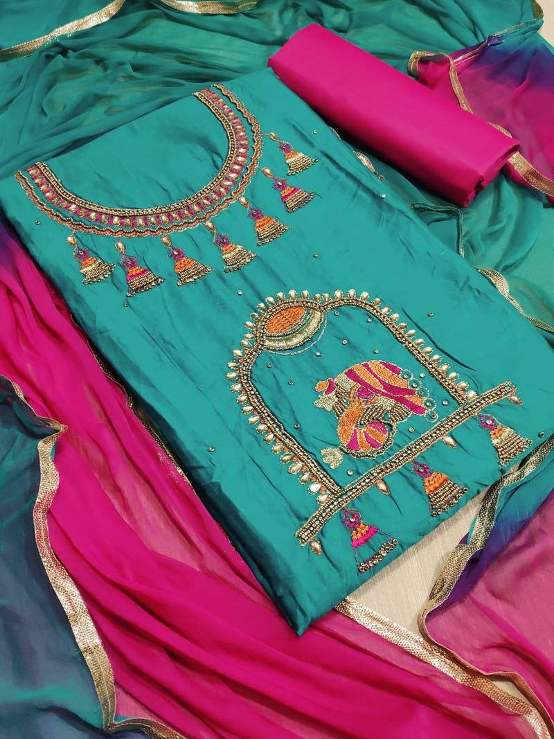 sea green embroidered cotton unstitched salwar with dupatta