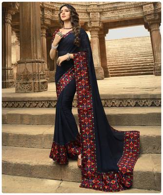 Navy blue printed georgette saree with blouse 1
