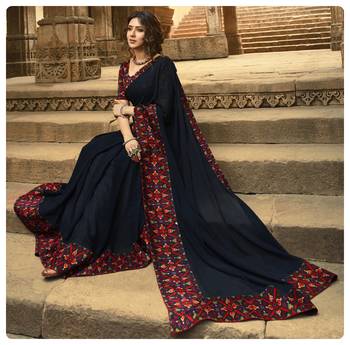 Navy blue printed georgette saree with blouse 4