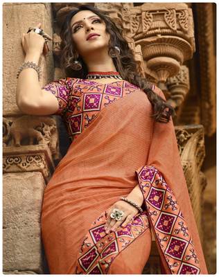 Orange printed georgette saree with blouse 2