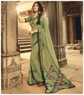 Green printed georgette saree with blouse 1