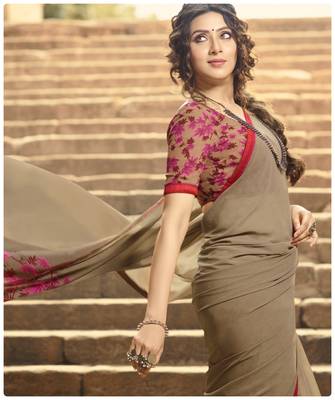 Tan printed georgette saree with blouse 2