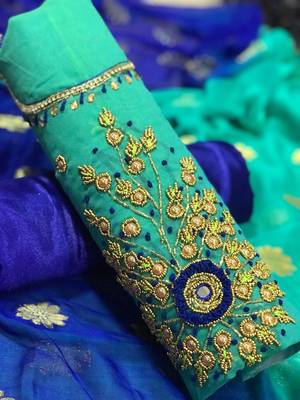 sea green embroidered cotton unstitched salwar with dupatta 1