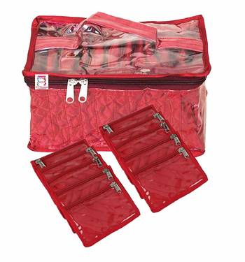 atorakushon   Satin Maroon Multipurpose Make Up Organizer Jewellery Cosmetic Necklace 10 Pouches Traveling Kit for Women 1
