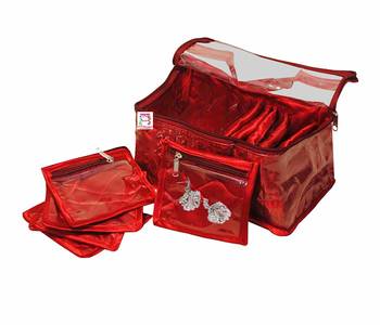 atorakushon   Satin Maroon Multipurpose Make Up Organizer Jewellery Cosmetic Necklace 10 Pouches Traveling Kit for Women 4