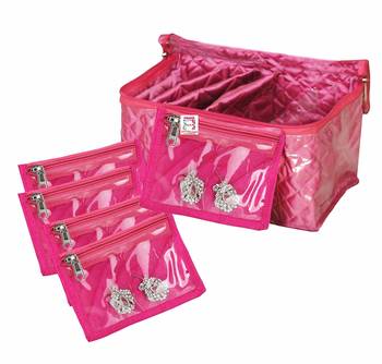 atorakushon   Satin Pink Multipurpose Make up Organizer Jewellery Cosmetic Necklace 10 Pouches Traveling Kit 1
