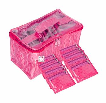 atorakushon   Satin Pink Multipurpose Make up Organizer Jewellery Cosmetic Necklace 10 Pouches Traveling Kit 2
