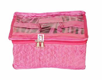 atorakushon   Satin Pink Multipurpose Make up Organizer Jewellery Cosmetic Necklace 10 Pouches Traveling Kit 3