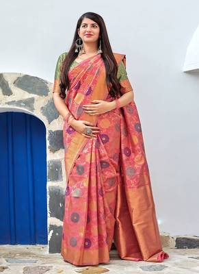   dark peach woven banarasi silk saree with blouse 1